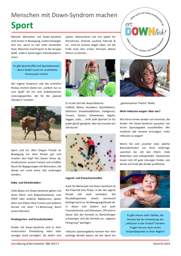Infoposter des Projektes ersDOWNlich! zum Thema "Menschen mit Down-Syndrom machen Sport".