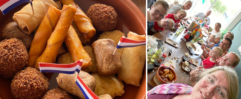 Das Bild zeigt links einen Bildausschnitt, der niederländische Speisen garniert mit niederländischen Fähnchen zeigt, rechts davon ist ein Selfie zu sehen, das 4 Familien beim Essen an einem langen Tisch zeigt.