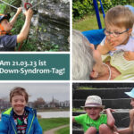 Das Bild zeigt die Vorderseite unserer diesjährigen Grußkarte. Zu sehen ist eine Collage aus vier Fotos von verschiedenen Kindern mit Down-Syndrom: ein Junge im Grundschulalter, der beim Klettersteiggehen gerade einen Karabiner in ein Stahlseil einhängt. Ein Junge im Kleinkindalter, der mit seiner Oma in einer Nestschaukel Spaß hat. Ein Junge im Kindergartenalter, der mit seiner großen Schwester auf einer Treppe sitzt. Ein Junge im Grundschulalter, der auf einer Wiese am Rhein steht. Auf einem Textfeld steht in weißer Schrift auf blaugrünem Hintergrund: Am 21.03.23 ist Welt-Down-Syndrom-Tag!