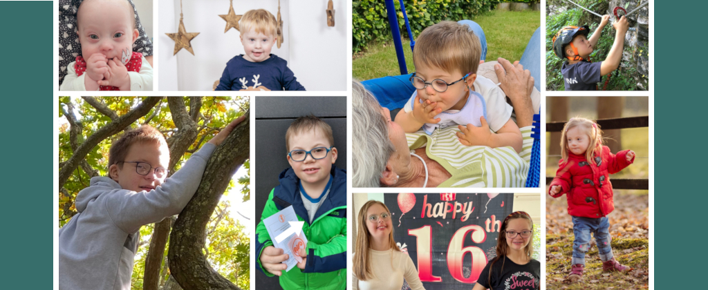 Collage aus acht Bildern von Kindern mit Down-Syndrom