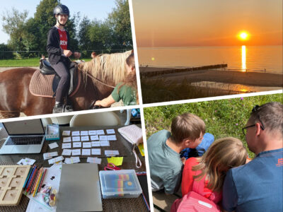 Collage aus 4 Bildern. Oben links: Ein Teenager mit Down-Syndrom reitet auf einem braunen Pferd. Oben rechts: Sonnenuntergang über dem Meer. Unten links: Ein Tisch voll mit Fördermaterialien. Unten rechts: Ein Vater und zwei Kinder stecken die Köpfe zusammen.