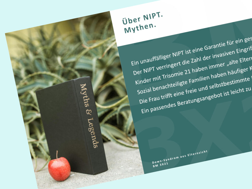 Folie zum Thema NIPT-Mythen. Rechts sind im Anschnitt 6 Mythen aufgeführt. Links daneben sieht man ein schwarzes Buch mit dem goldenen Titel Myths & Legends auf dem Buchrücken. Links neben dem Buch liegt ein roter Apfel.