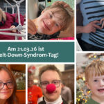 Das Bild zeigt die Vorderseite unserer diesjährigen Grußkarte zum Welt-Down-Syndrom-Tag. Zu sehen ist eine Collage aus einem Babybauch-Foto und fünf Fotos von verschiedenen Kindern mit Down-Syndrom: Ein Mädchen im Teenageralter auf einem Klettergerüst, das in die Kamera grinst; ein Junge im Teenageralter, der in die Kamera lächelt; ein Mädchen im jungen Erwachsenenalter, das in die Kamera lächelt; ein Junge im Teenageralter mit einer roten Clownsnase; ein Junge im Vorschulalter, der in die Kamera lächelt. Auf einem Textfeld steht in weißer Schrift auf blaugrünem Hintergrund: Am 21.03.26 ist Welt-Down-Syndrom-Tag!